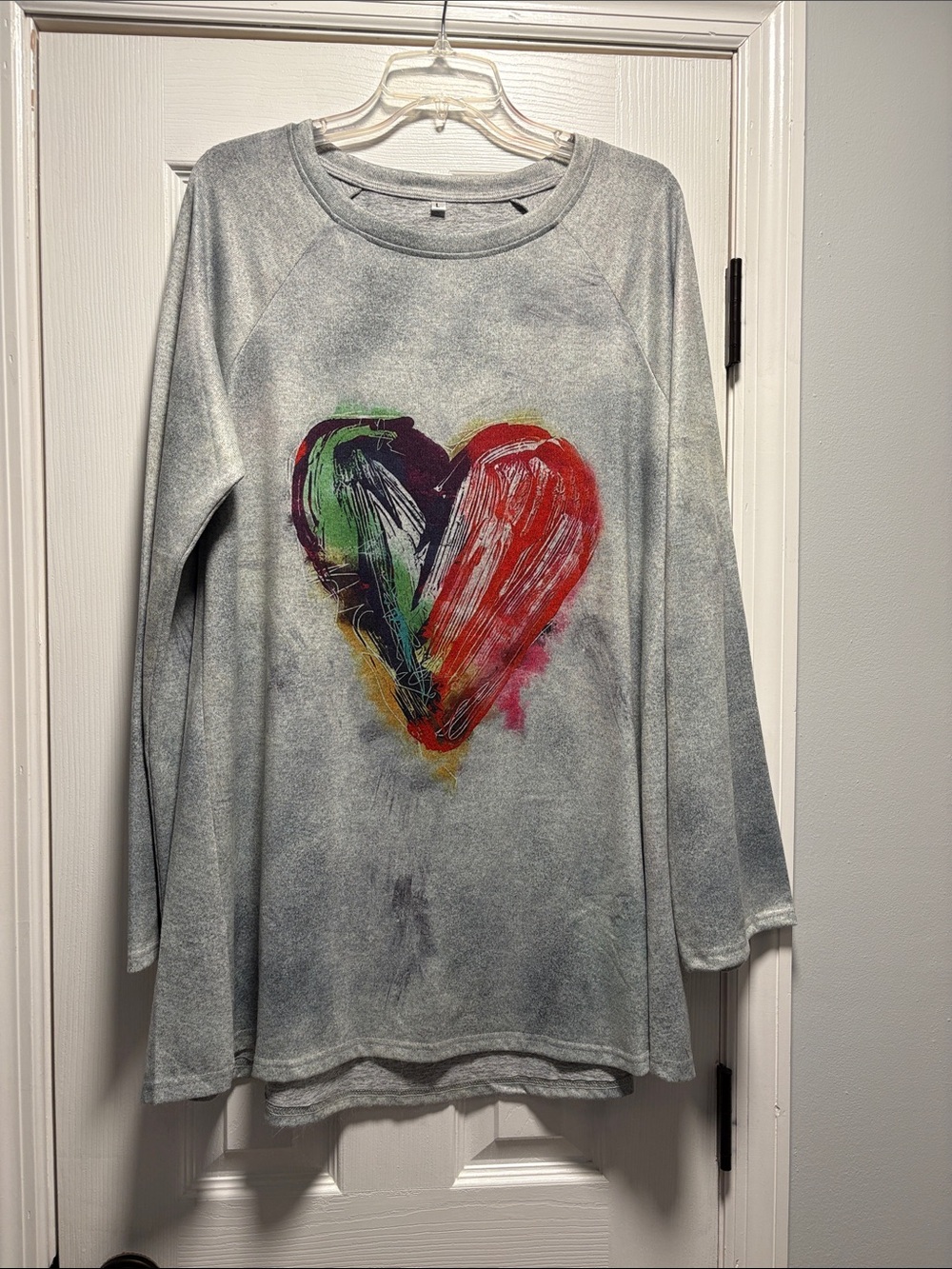 Gray Long Sleeve Top with Colorful Brushstroke Heart
